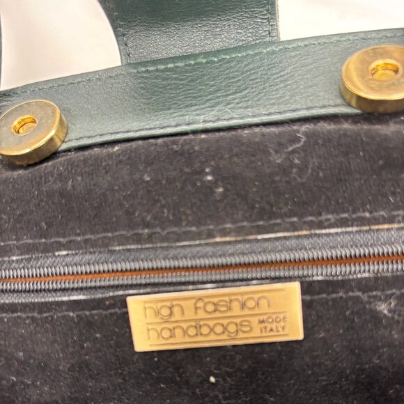 Vintage Italian Suede Handbag – Emerald Green Accents & Checkered Clasp - Picture 5 of 9